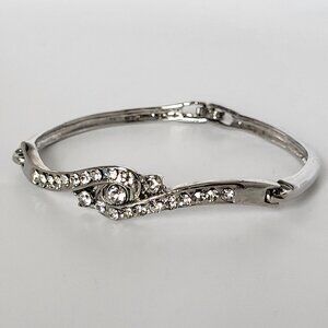 Rhinestone Silver Bracelet Rhodium Plated Bangle Box Clasp 7"